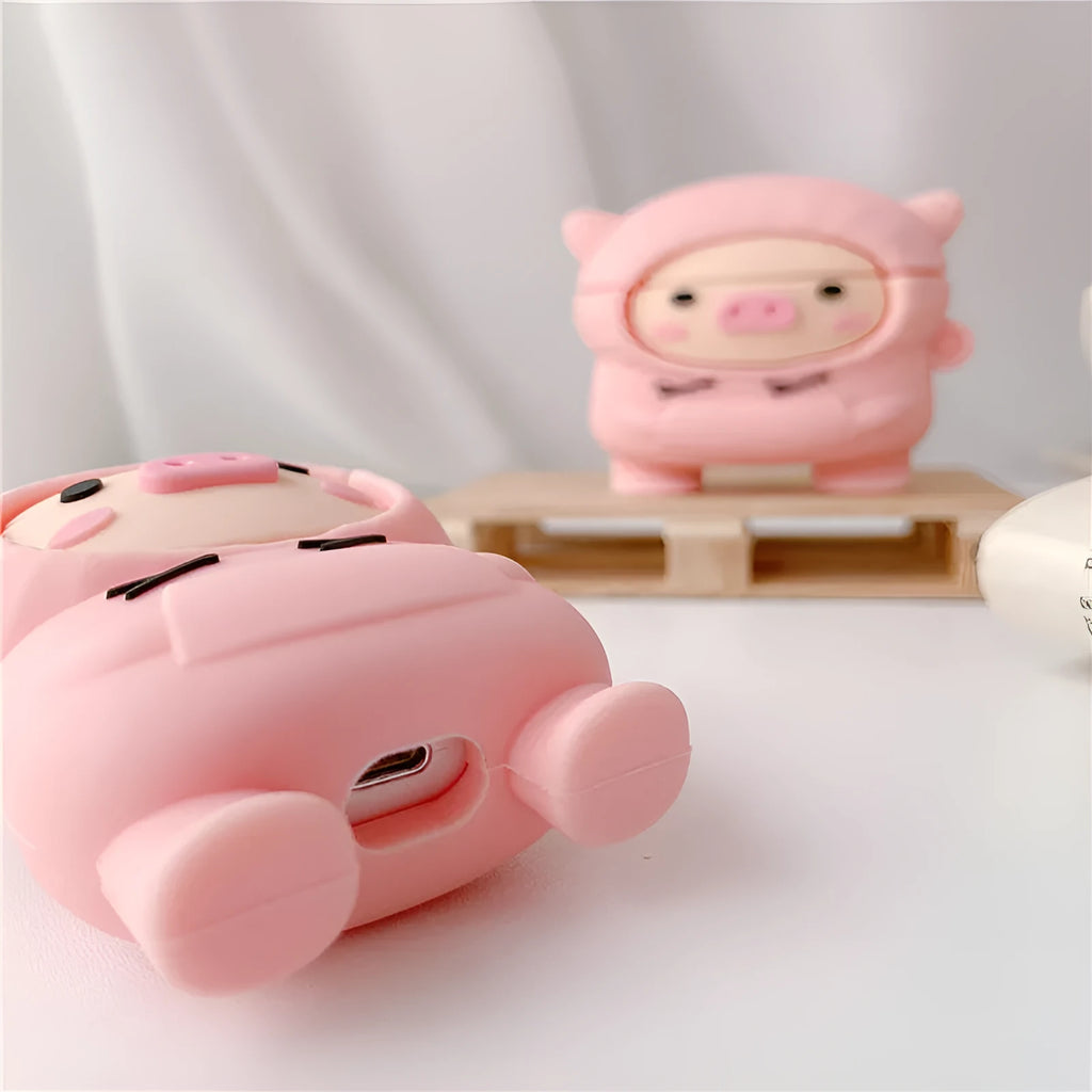 Pink cartoon pig design soft silicone flip case for Apple AirPods with a keychain hook.