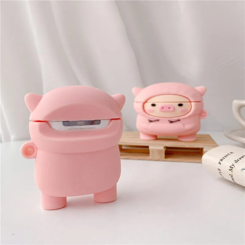 Pink cartoon pig design soft silicone flip case for Apple AirPods with a keychain hook.