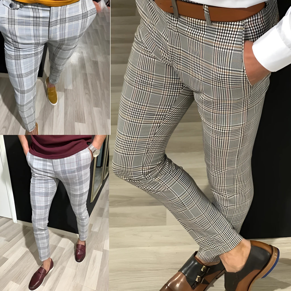 Mens loose nine-point plaid summer trousers in grey grid pattern with elastic waist