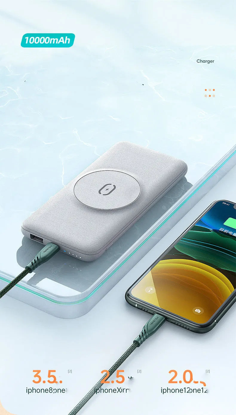 Magsafe magnetic wireless power bank in mint green with dimensions 15.5cm x 7.5cm x 1.55cm showing back clip design