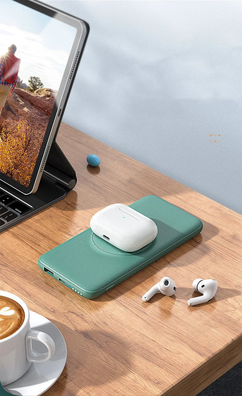 Magsafe magnetic wireless power bank in mint green with dimensions 15.5cm x 7.5cm x 1.55cm showing back clip design