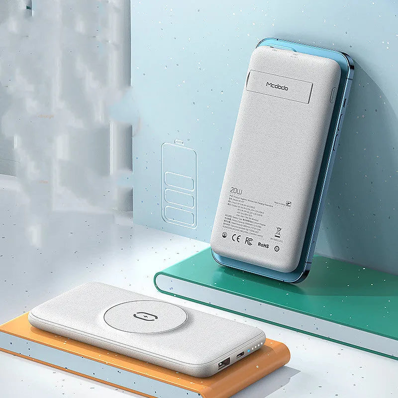 Magsafe magnetic wireless power bank in mint green with dimensions 15.5cm x 7.5cm x 1.55cm showing back clip design