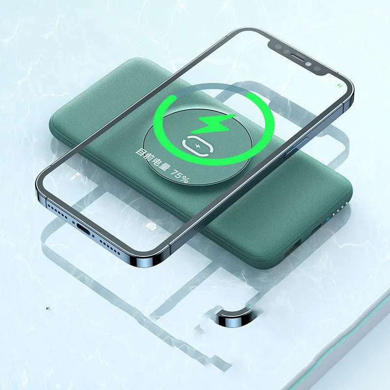 Magsafe magnetic wireless power bank in mint green with dimensions 15.5cm x 7.5cm x 1.55cm showing back clip design