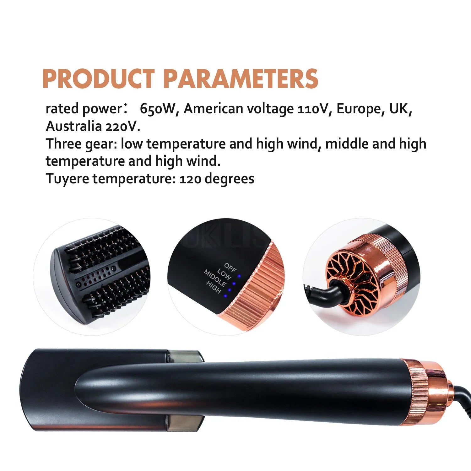 Black and pink infrared hot air comb with tourmaline ceramic heat conductors and adjustable temperature control
