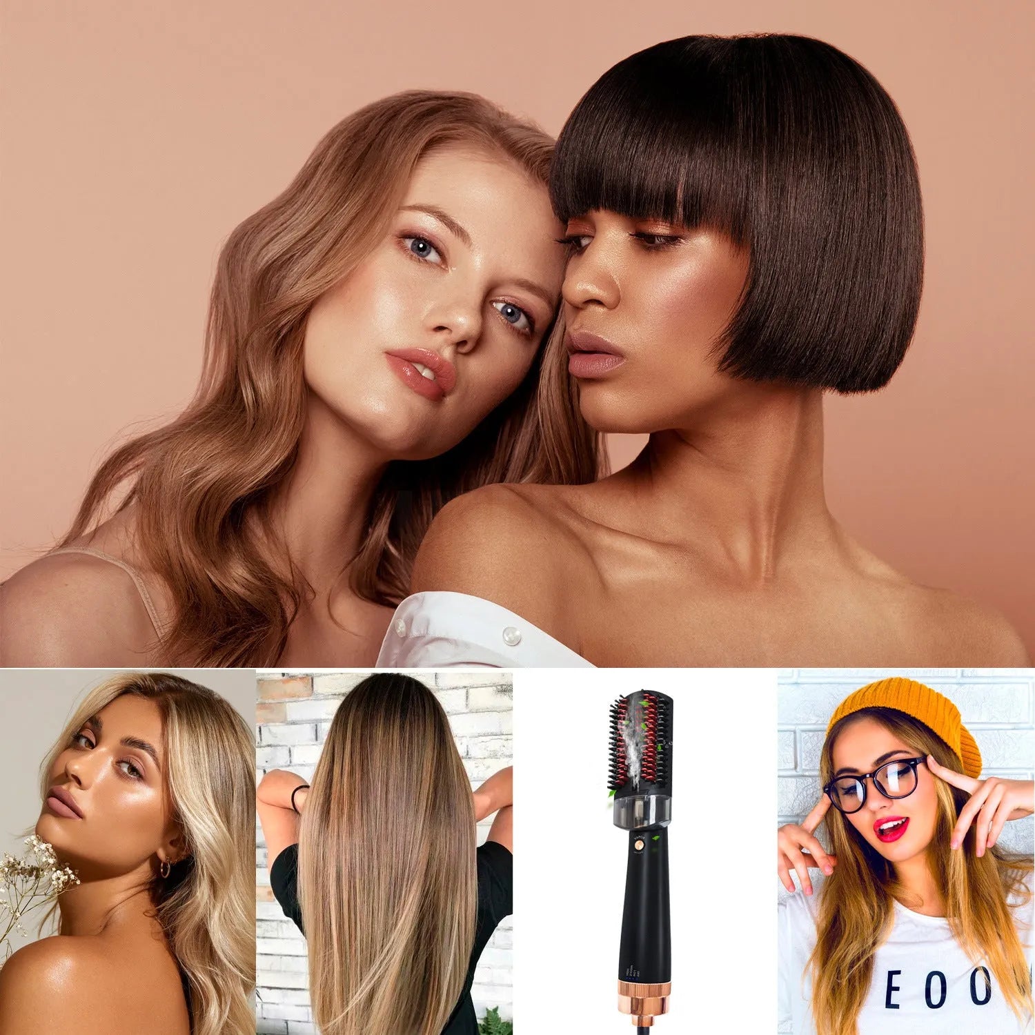 Black and pink infrared hot air comb with tourmaline ceramic heat conductors and adjustable temperature control