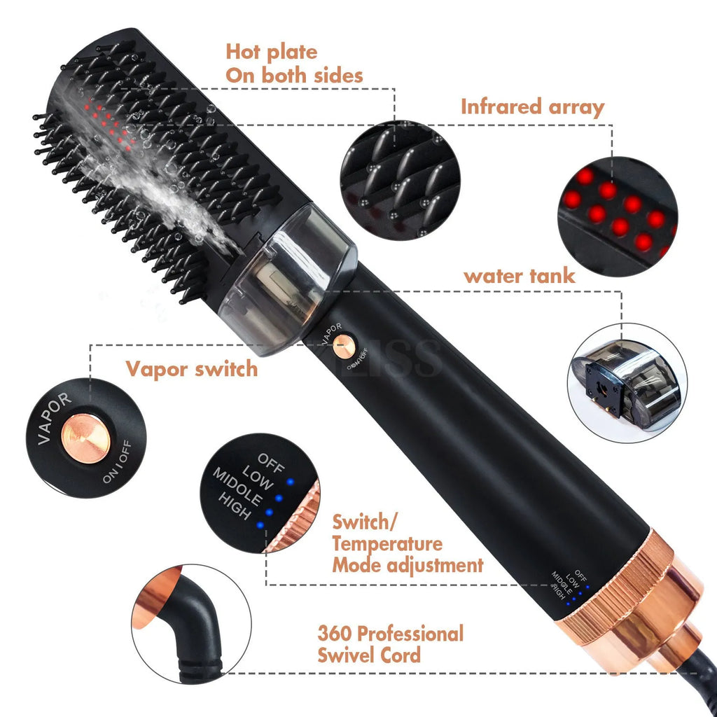 Black and pink infrared hot air comb with tourmaline ceramic heat conductors and adjustable temperature control