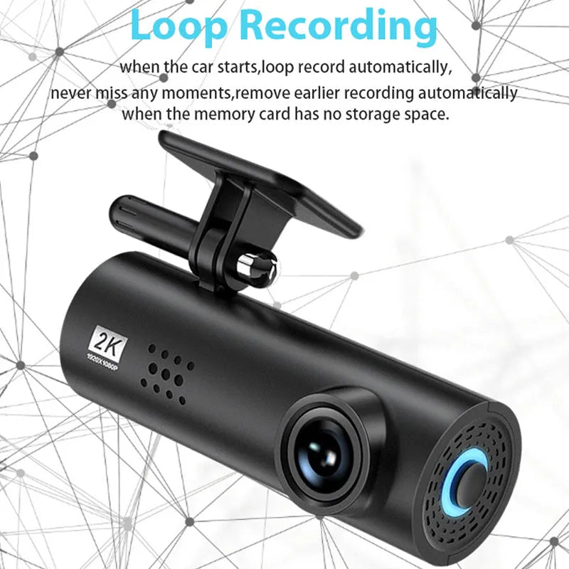 Compact LF9 car dash camera on a windscreen with wide-angle lens and WiFi symbol.