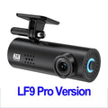 Compact LF9 car dash camera on a windscreen with wide-angle lens and WiFi symbol.