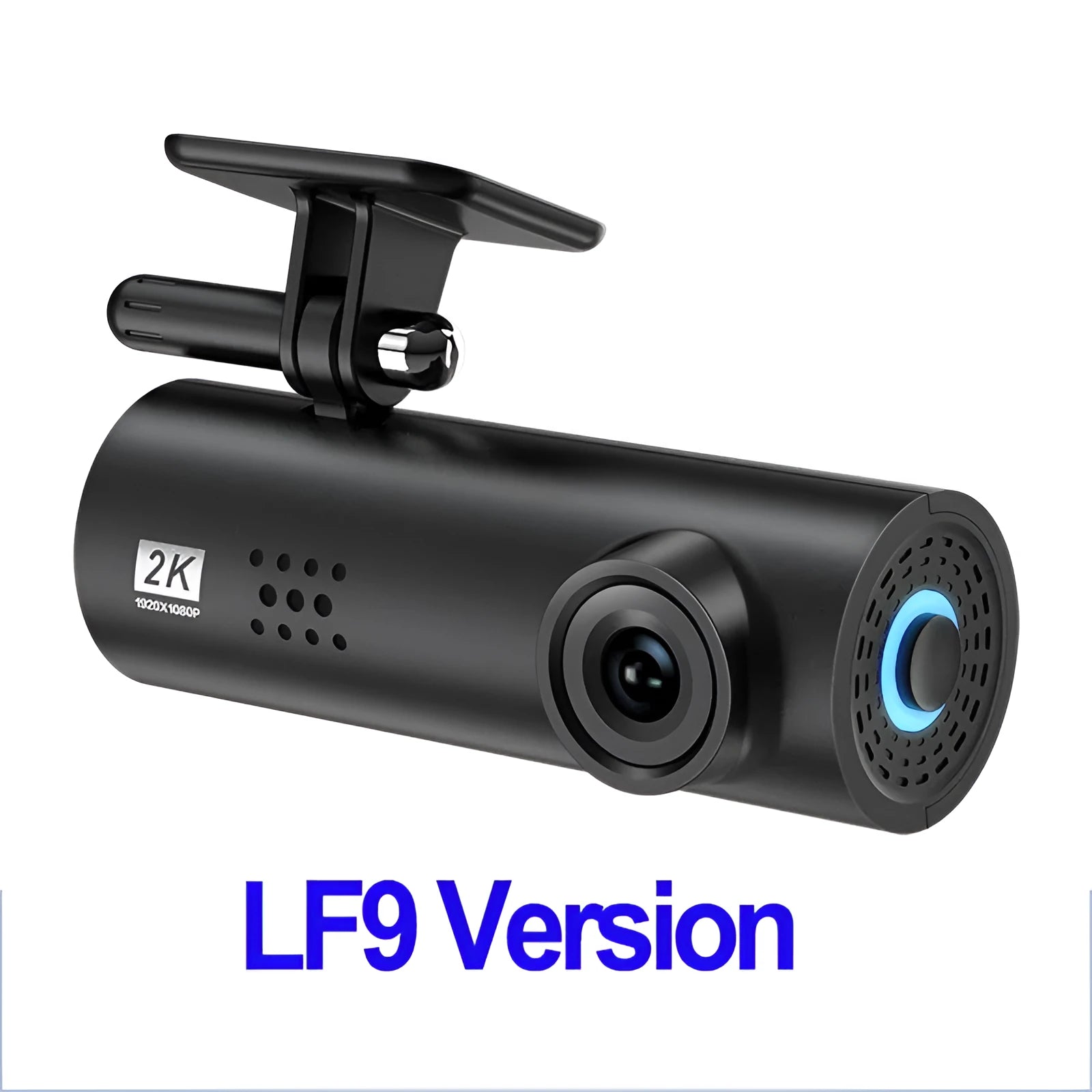Compact LF9 car dash camera on a windscreen with wide-angle lens and WiFi symbol.