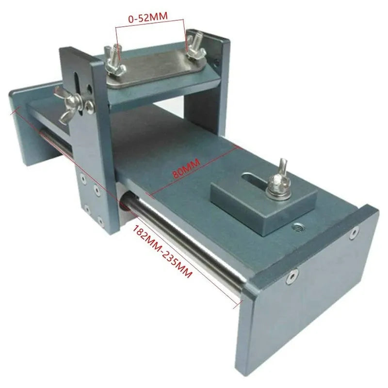 Aluminium alloy fixed angle sharpening tool for woodworking planers, chisels and carving knives on a workbench.