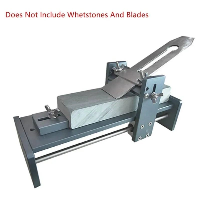 Aluminium alloy fixed angle sharpening tool for woodworking planers, chisels and carving knives on a workbench.