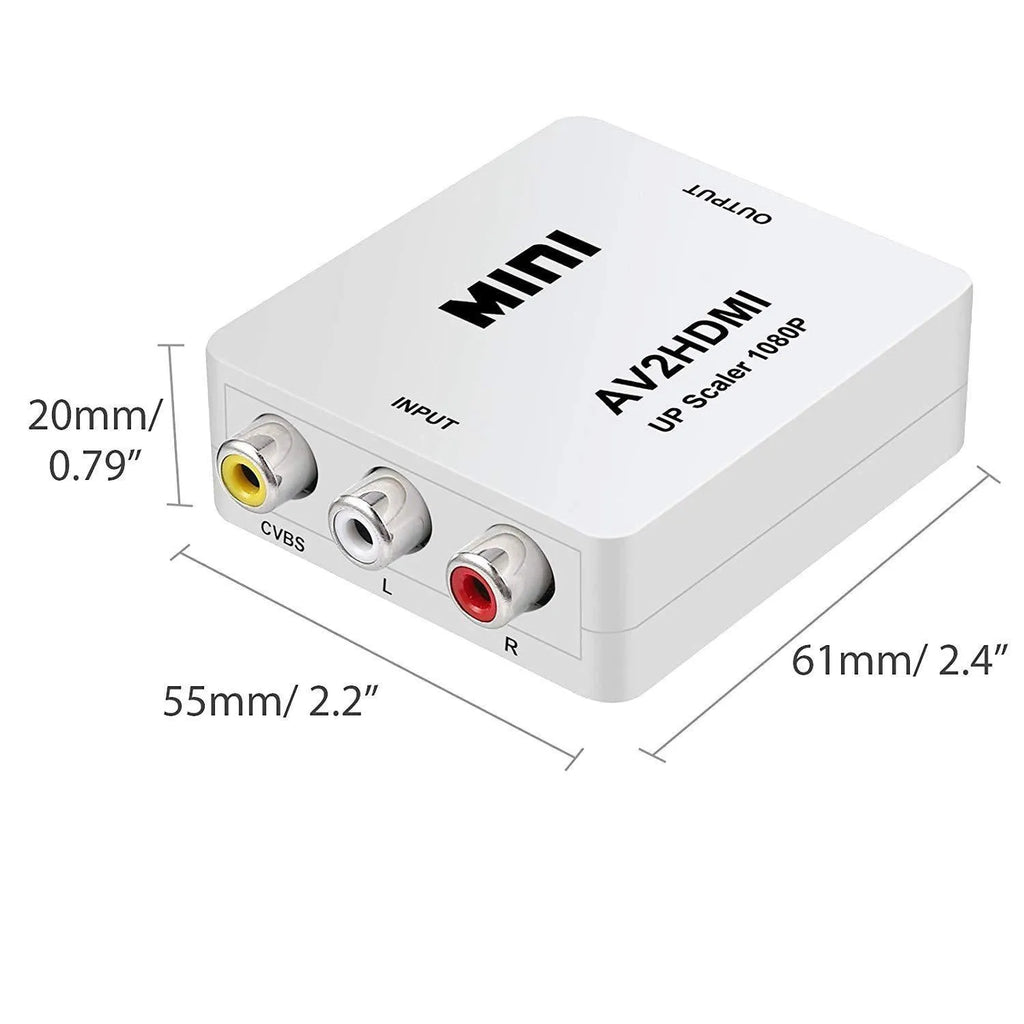 AV to HDMI mini converter with 0.5 metre cable in black or white colour