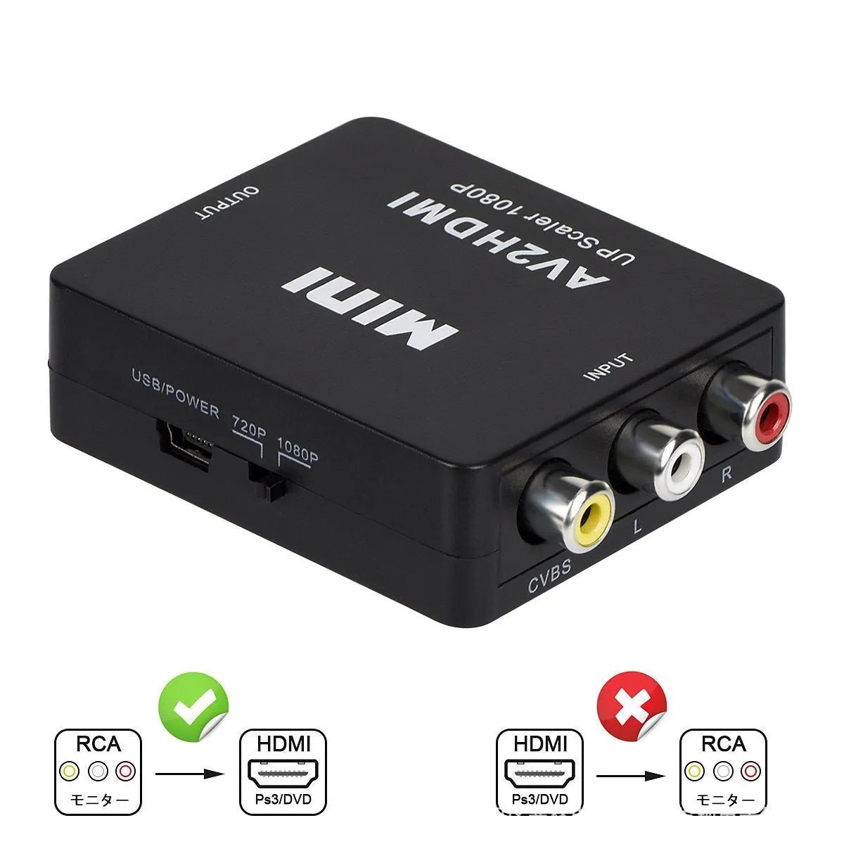 AV to HDMI mini converter with 0.5 metre cable in black or white colour