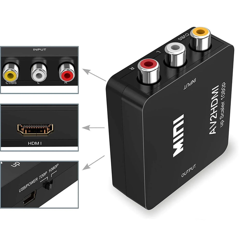 AV to HDMI mini converter with 0.5 metre cable in black or white colour
