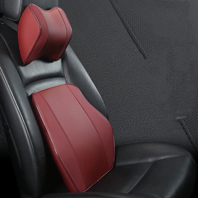 Car headrest neck pillow with perforated leather surface and memory cotton filling, in Beige, Black, Brown, or Red Wine