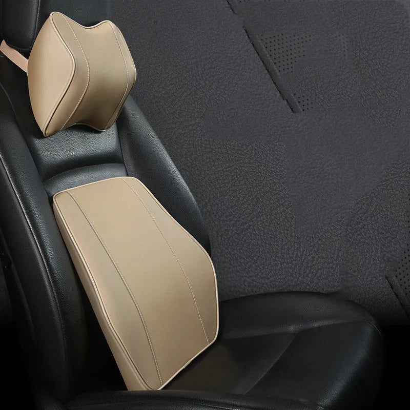 Car headrest neck pillow with perforated leather surface and memory cotton filling, in Beige, Black, Brown, or Red Wine
