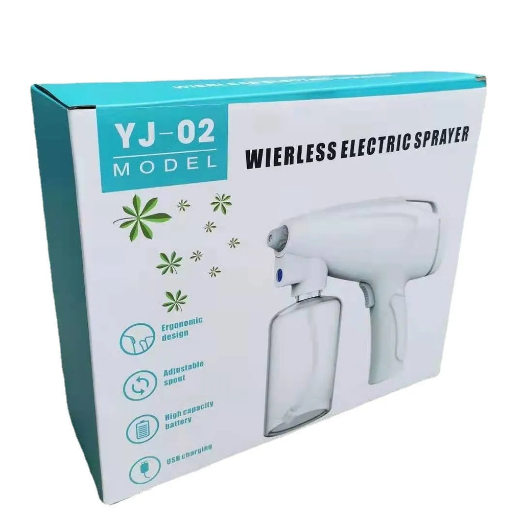 White cordless electric spray disinfection gun with USB-C charging port and bottle.