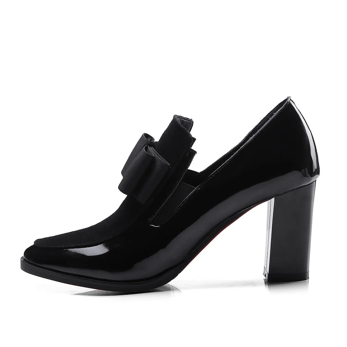 Women's patent leather high heel shoes with thick heels in black colour showing square toe design