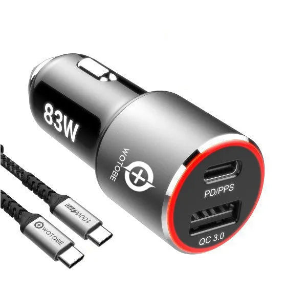 Dual-port 83W fast car charger with USB-C and USB-A ports for charging laptops and phones in a vehicle.