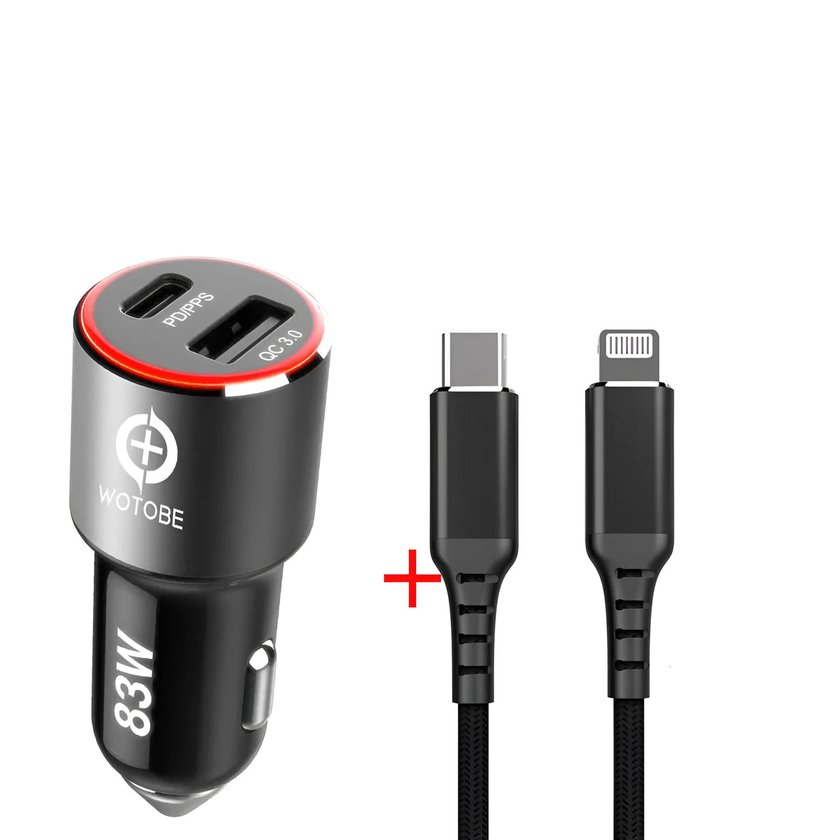 Dual-port 83W fast car charger with USB-C and USB-A ports for charging laptops and phones in a vehicle.