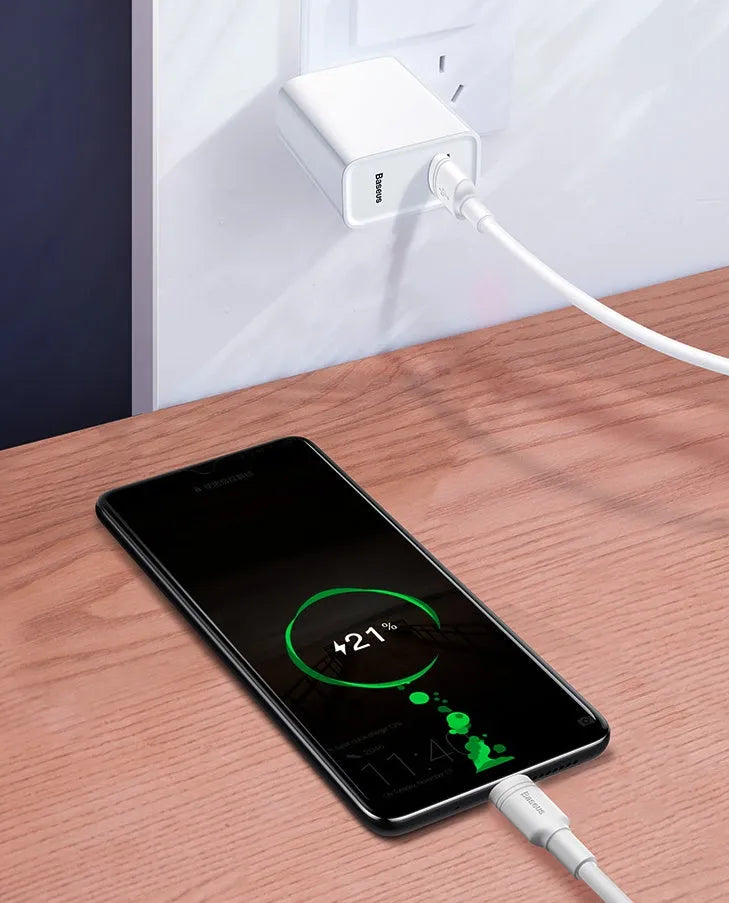Baseus black and white Android charging cables in 1 metre and 2 metre lengths with Micro USB connectors