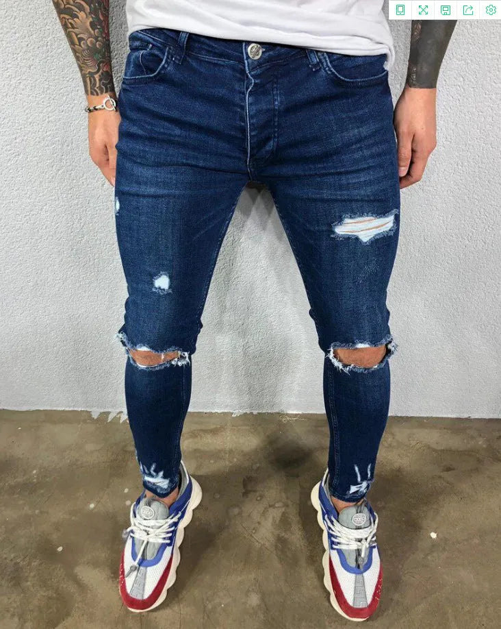 Men black stretch skinny ripped denim jeans with knee holes and zip fly