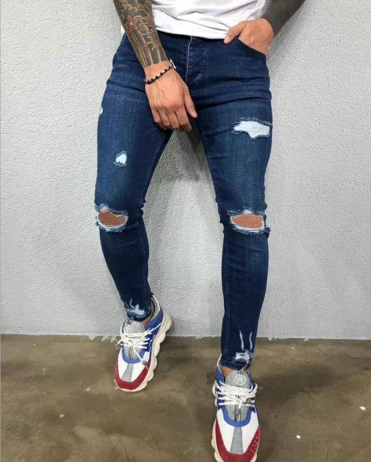 Men black stretch skinny ripped denim jeans with knee holes and zip fly