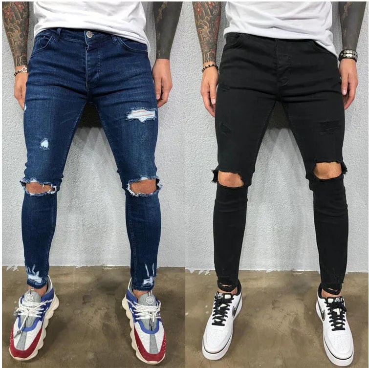 Men black stretch skinny ripped denim jeans with knee holes and zip fly
