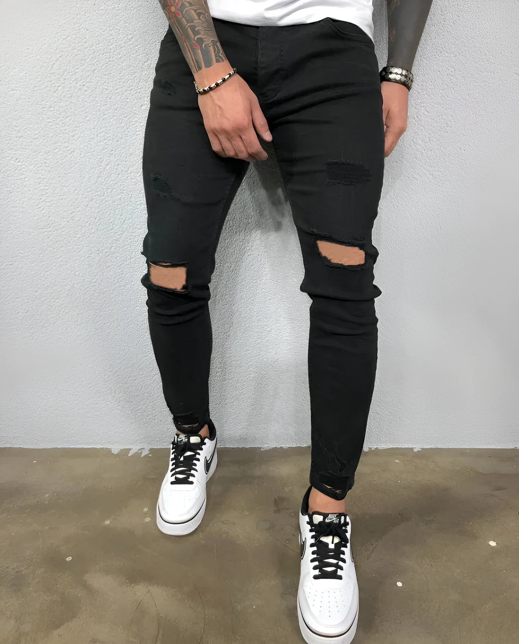 Men black stretch skinny ripped denim jeans with knee holes and zip fly