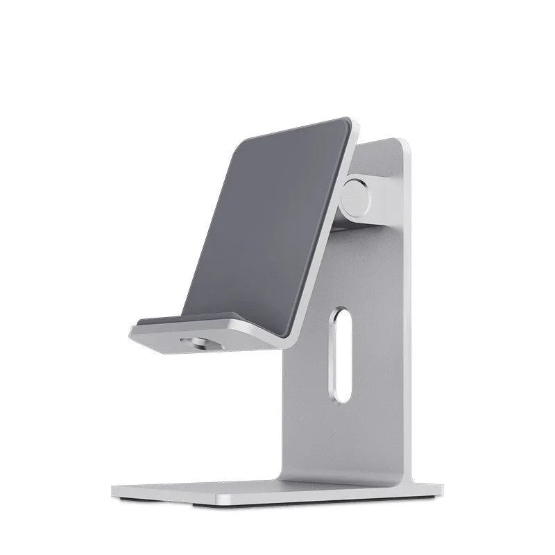Alloy mobile phone and tablet holder in dark grey or silver on a desk