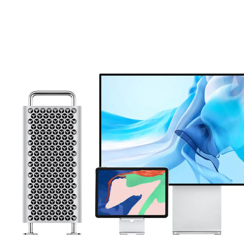 Alloy mobile phone and tablet holder in dark grey or silver on a desk