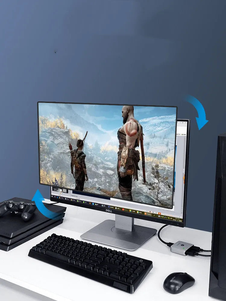 Grey Haibeisi HDMI switcher box with two input ports and one output port for 4K video sharing.