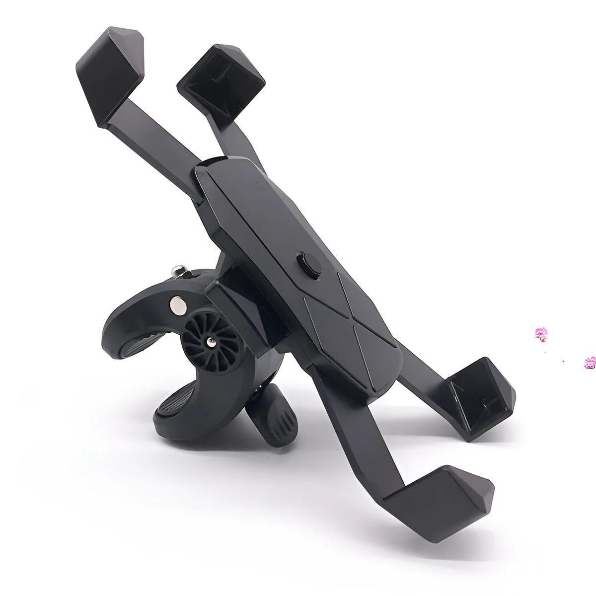 Anti-falling anti-shake bicycle bracket with automatic telescopic four claws holding a smartphone on a black handlebar