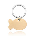 Personalised stainless steel bone-shaped pet ID tag keychain engraved with a name, available in gold, silver, or rose gold