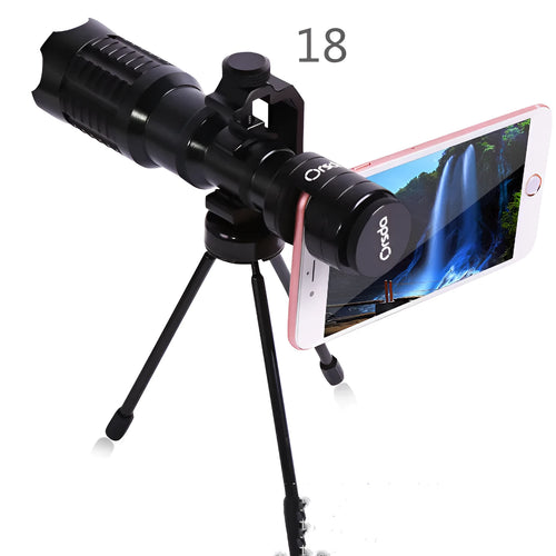 20x mobile phone telescope black telephoto lens with U-shaped adapter ring and tripod on smartphone
