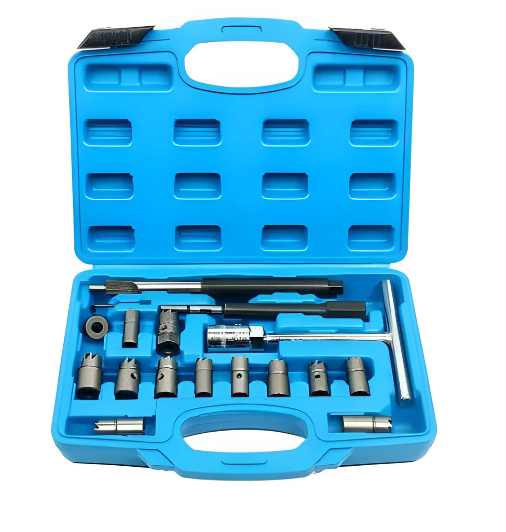 17-piece fuel injector reamer kit with flat bottom and angular reamers, T-handle, test benchmark and Allen key, blue