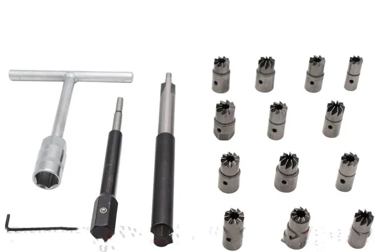17-piece fuel injector reamer kit with flat bottom and angular reamers, T-handle, test benchmark and Allen key, blue