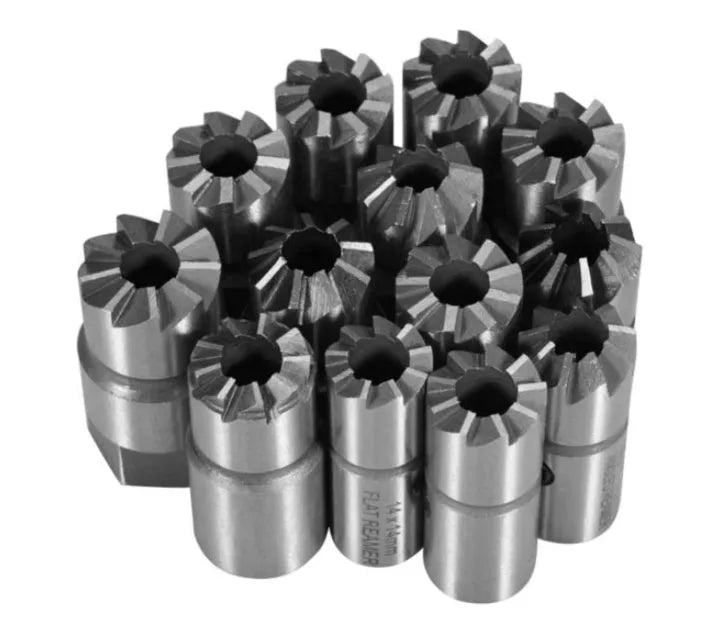 17-piece fuel injector reamer kit with flat bottom and angular reamers, T-handle, test benchmark and Allen key, blue