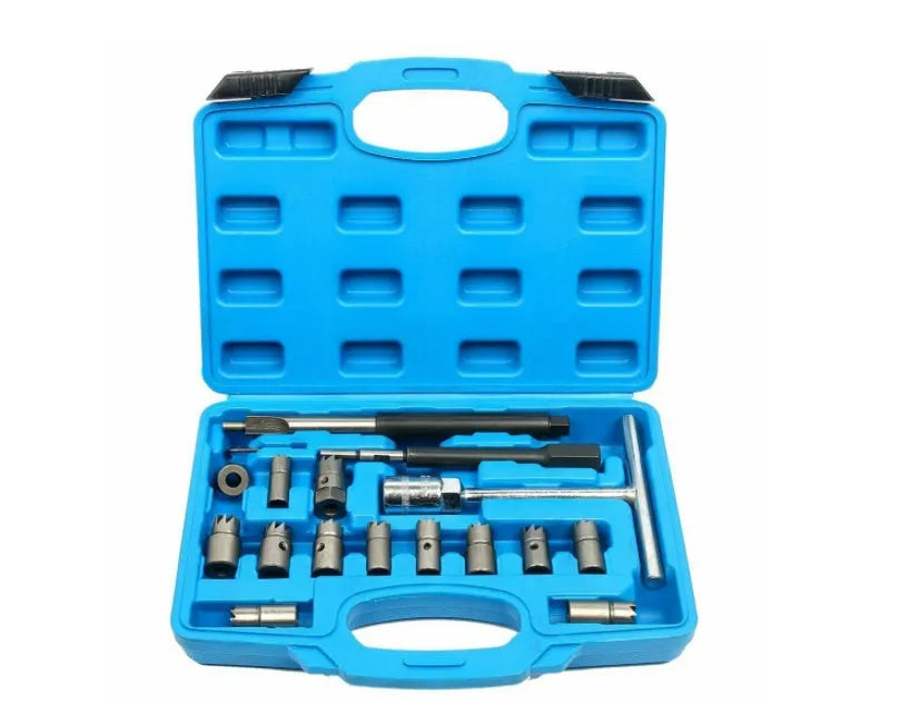 17-piece fuel injector reamer kit with flat bottom and angular reamers, T-handle, test benchmark and Allen key, blue