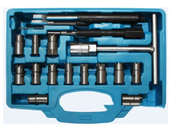 17-piece fuel injector reamer kit with flat bottom and angular reamers, T-handle, test benchmark and Allen key, blue