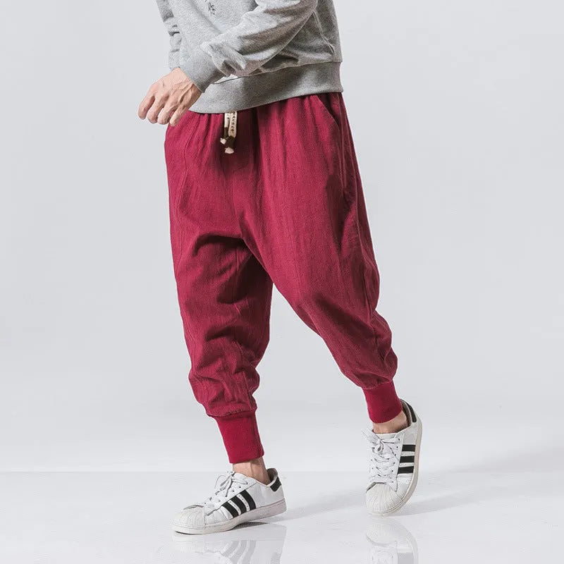 Men's Chinese style harem pants in cotton linen blend, loose ankle-length trousers with tether closure, sizes M-5XL.
