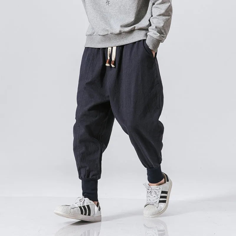Men's Chinese style harem pants in cotton linen blend, loose ankle-length trousers with tether closure, sizes M-5XL.