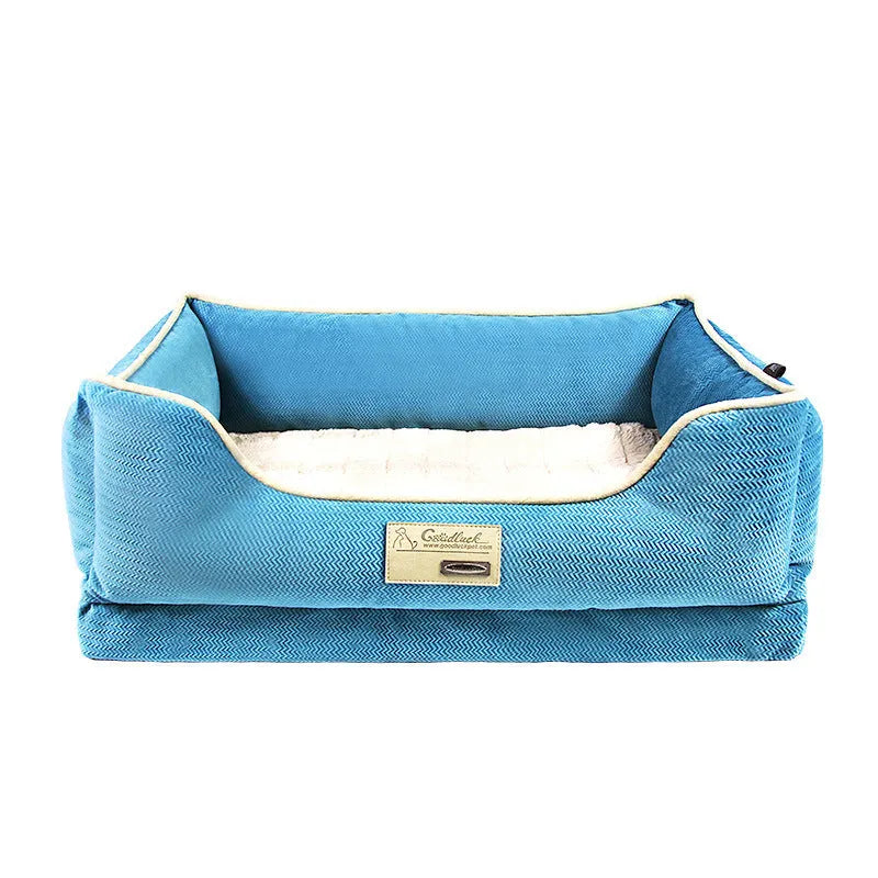 Four seasons universal dog kennel mat in blue, brown, or dark brown, removable and washable, sizes S to XL for medium and large dogs.