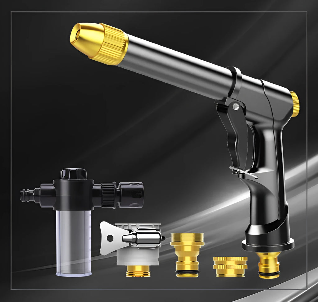 Telescopic aluminium alloy garden hose with water gun showing expanded length for outdoor watering