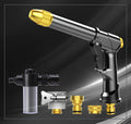 Telescopic aluminium alloy garden hose with water gun showing expanded length for outdoor watering