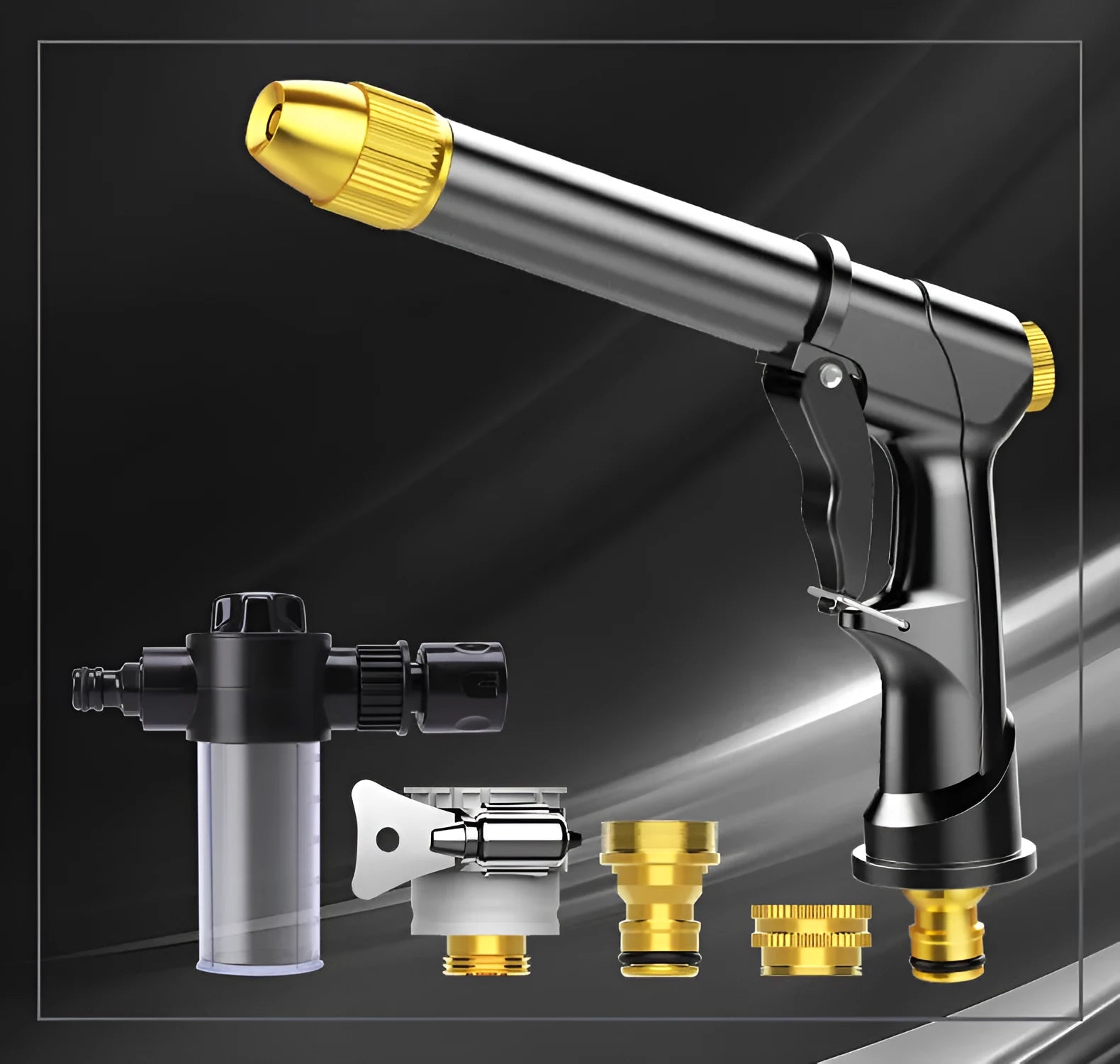 Telescopic aluminium alloy garden hose with water gun showing expanded length for outdoor watering