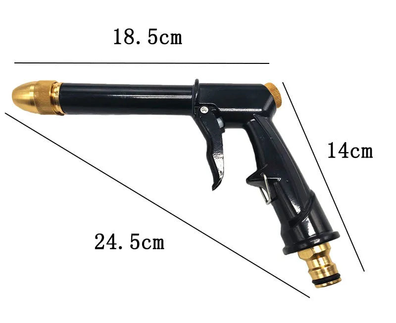 Telescopic aluminium alloy garden hose with water gun showing expanded length for outdoor watering