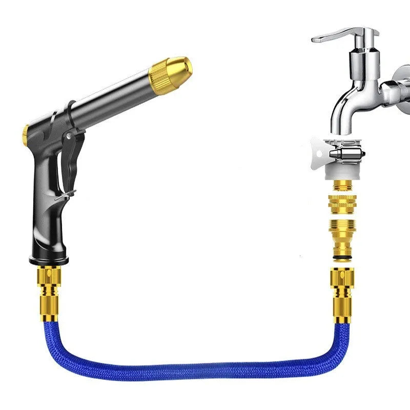 Telescopic aluminium alloy garden hose with water gun showing expanded length for outdoor watering