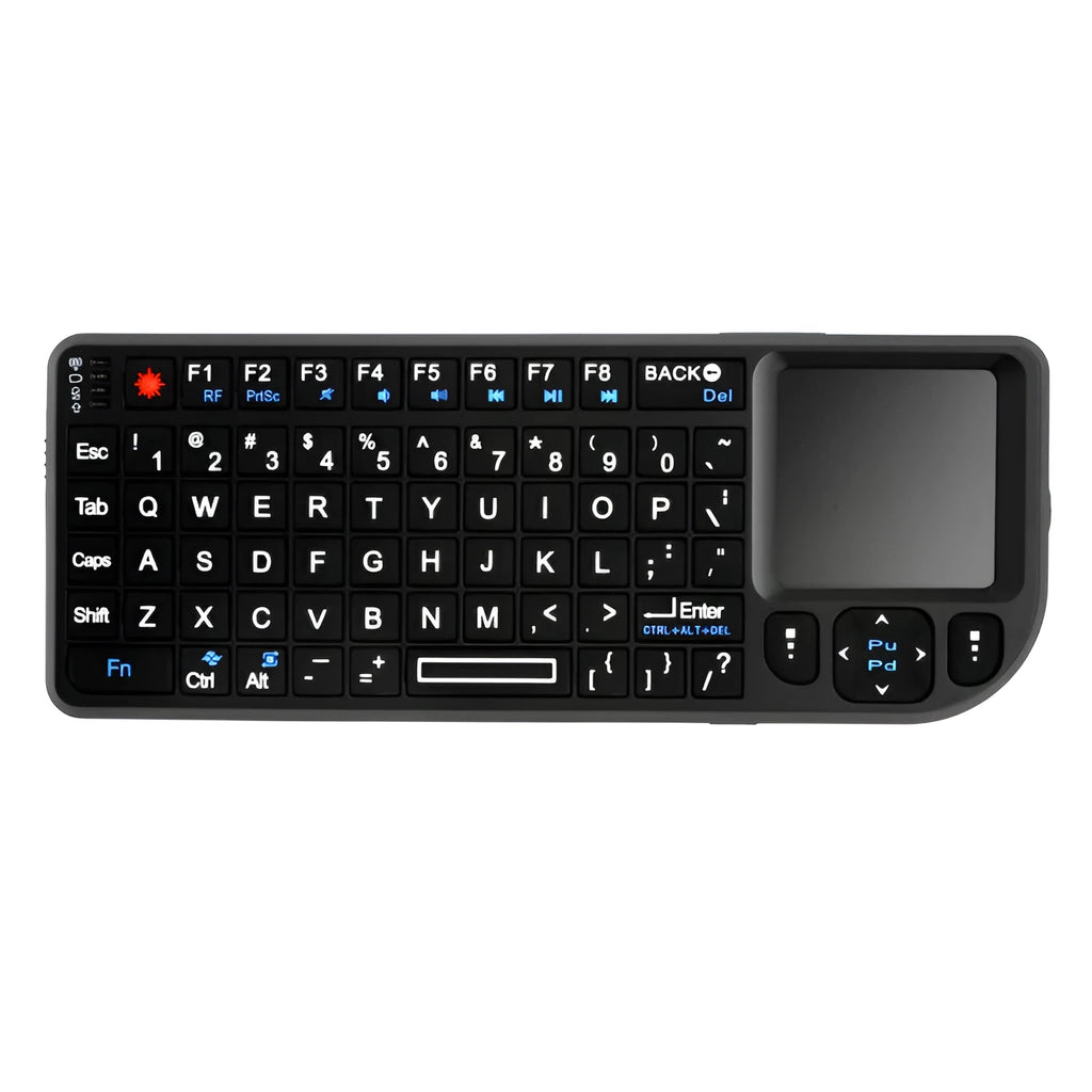 Mini black Bluetooth laser touch keyboard, 69 keys, backlit, 155x59x13mm, 116g, ABS, palm-sized