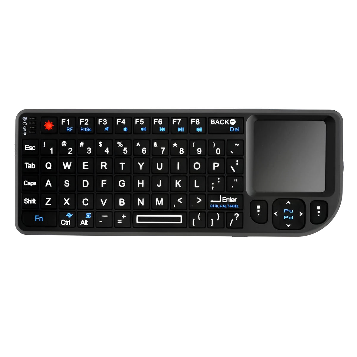 Mini black Bluetooth laser touch keyboard, 69 keys, backlit, 155x59x13mm, 116g, ABS, palm-sized